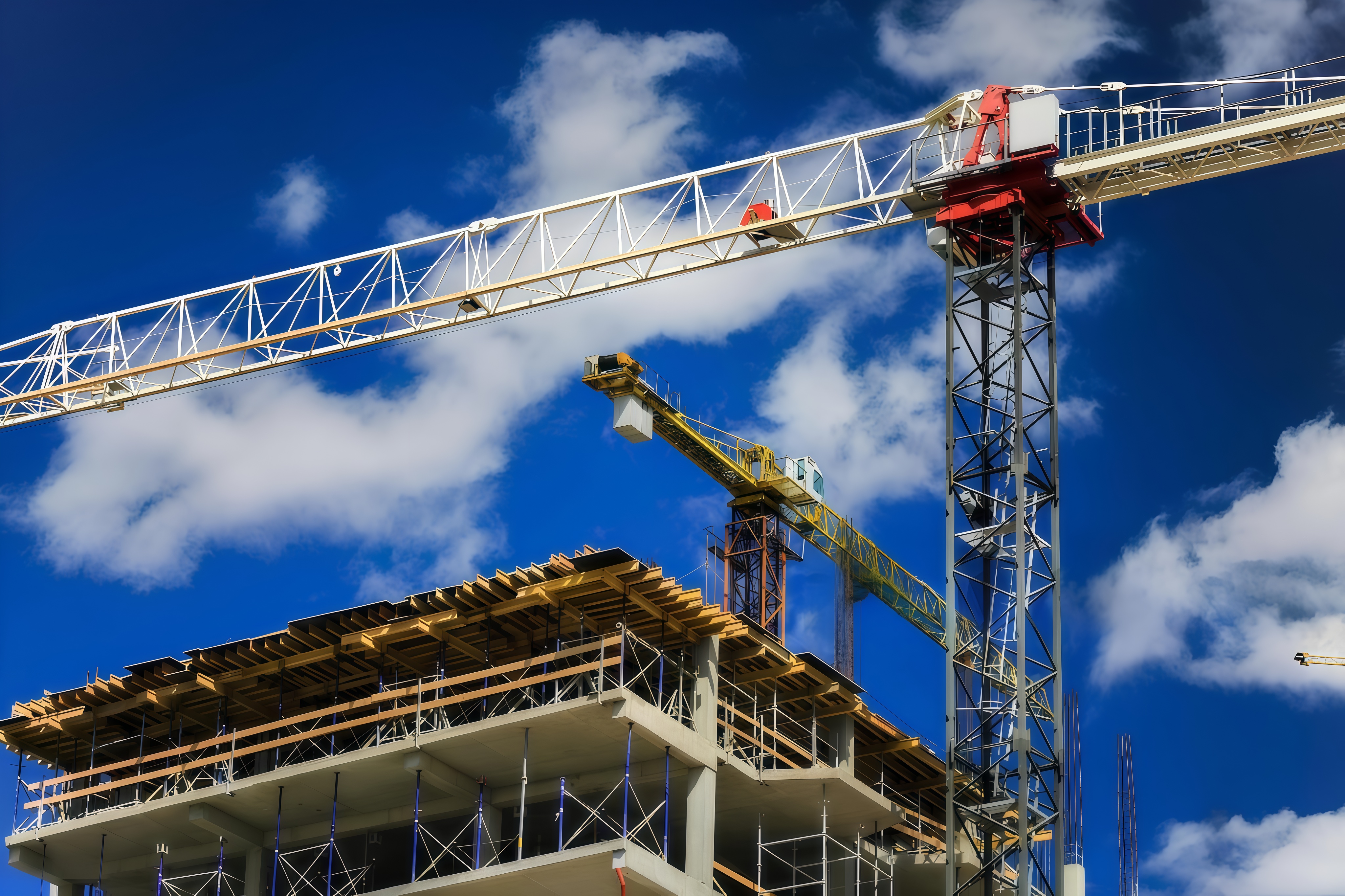 Construction cranes against blue sky